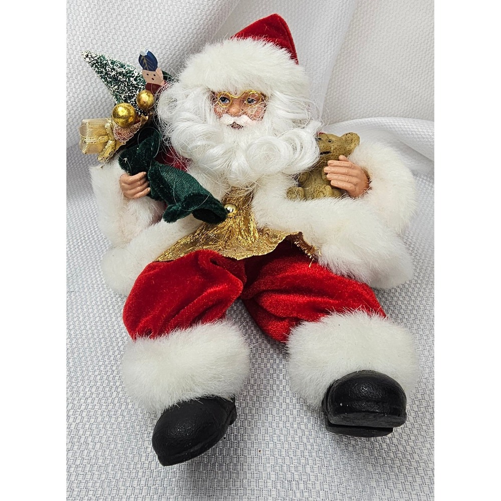 VTG Style Santa Claus Shelf Sitter Red Velvet Suit Teddy Bear Toy Sack 8in